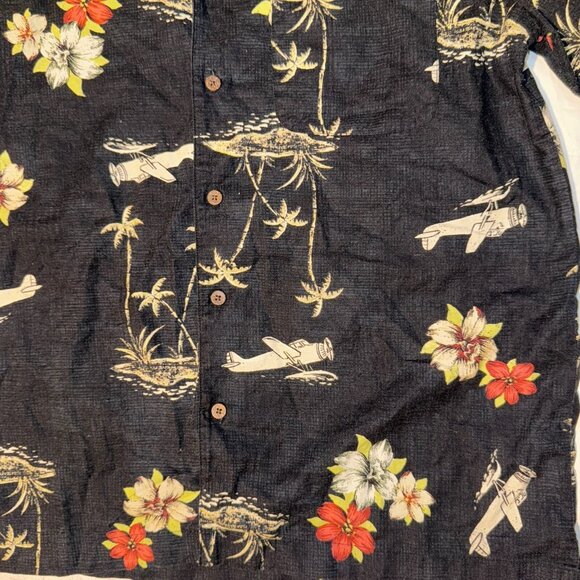 High Sierra Linen Blend Hawaiian Shirt - S Black Seaplane Palm Trees Print - Picture 3 of 4